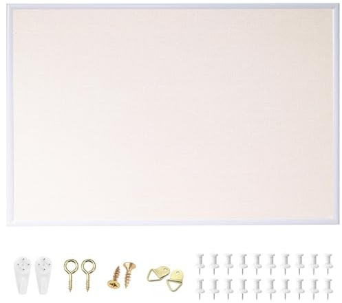 AMKIOKIO Leinen-Pinnwand 60 x 90 cm, Korktafel für die Wand, Weißer Europäischer Rahmenstil, Vision Board, Kork-Pinnwand, Ideal für Schule, Zuhause und Büro