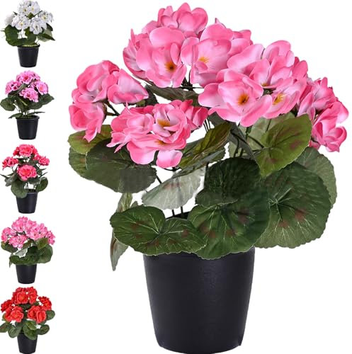 Generisch Künstliche Geranien im Topf, 26cm Seiden-Geranie, Künstliche Blumen wie echt im Topf, Kunstblumen künstliches Pelargonium Blumen Pflanzen für Innen- und Außendekoration (Pink)