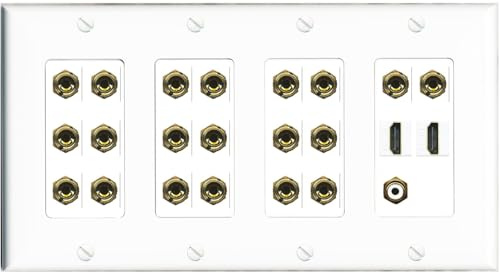RiteAV Placa de pared con sonido envolvente 10.1, 10 altavoces, 20 conectores banana con subwoofer RCA + 2 conectores HDMI hembra, 4 bandas [blanco]