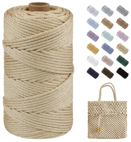 LEREATI Polyester Macrame Cord 3mm x 100m Glitter Metallic Yarn Sparkle Polyester Yarn for Crocheting Bags, Basket, Wall Hangings, Plant Hangers, DIY Crafts (Champagne + Gold)