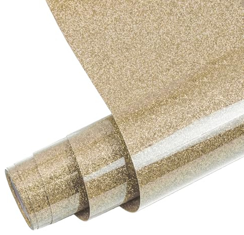 FORBELL Glitterfolie för textiltransfer för skärplotter – 30,5 cm x 1,5 m – För t-shirts, kläder och textilier (champagneguldpaljetter)