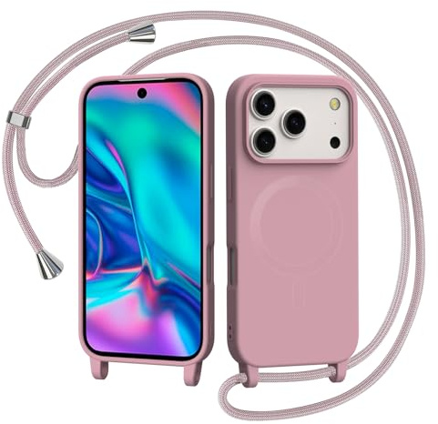 AOMYKE Handyband für iPhone 17 Pro Max Hülle mit Band, Magnetisch Handyhülle kompatibel mit Magsafe zum Umhängen Schutzhülle mit Kette Kordel Weich TPU Silikon Case，Pink