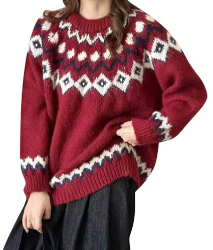 HUIFUAO Fair Isle Sweater Women Plus Size Christmas Jumper Trendy Norwegian Nordic Icelandic Knitwear Warm Thermal Pullover Retro Graphic Long Sleeve Tops Sweatshirts (Red, L)