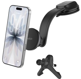 Belkin Kfz Ladegerät Kabellos, Handy Autohalterung mit Ladefunktion, MagSafe Kompatibel, USB-C-Kabel, Induktive Ladestation Auto für iPhone 17, Galaxy S25, Pixelsnap usw., Qi2 Schnellladen – Schwarz