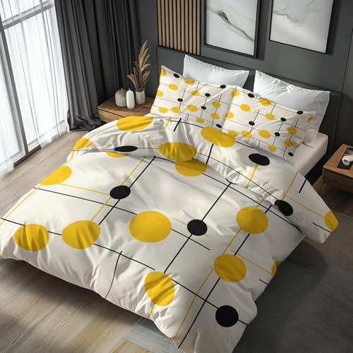 Retro Geometrisch Bettwäsche 180x200 Bügelfreie - Schwarz Gelb Muster, Renforce Wendebettwäsche Bettbezug 3-teilig Set Cozy Mikrofaser Mit Reißverschluss, 2 Kissenbezug, Geschenk, LS7416