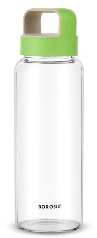 Nobel Borosil Glass Water Bottle, 1000ml, Wide Mouth, Leakproof Borosilicate Glass, Microwave Safe (Green Lid with Handle)