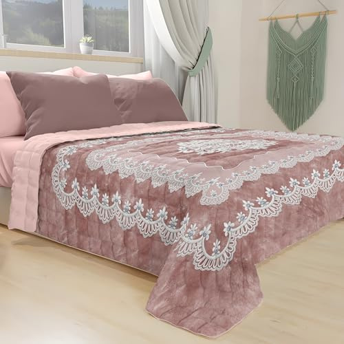 Trapuntino Matrimoniale 260x270cm Imbottito 100gr Trapuntatura Uniforme Stampa Digitale 4K Pizzo Copriletto Estivo Mezza Stagione Lavabile Decorativo Camera Letto (Cipria)