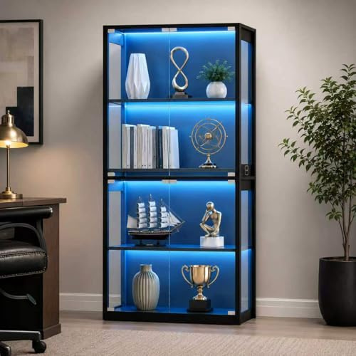 Vofikoli Vitrine mit Beleuchtung, Glasvitrine mit 4 Ebenen, Standvitrine mit Dimmbarer 3-Farb-LED, Moderne Vitrine aus Holz & Acryl, Display Cabinet für Wohnzimmer, Schlafzimmer, Büro, Schwarz
