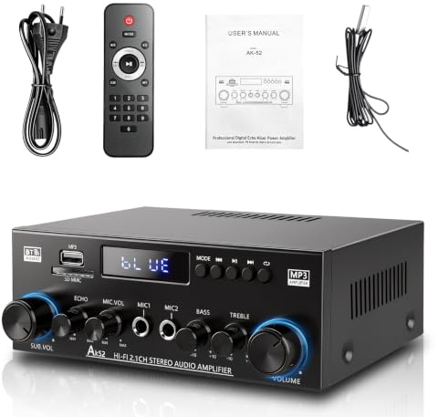 Amplificador 2.1 Bluetooth 5.3, 1000W Pico para Subwoofer 70W | 50W+50W RMS Amplificador de audio, 2 Mic con función de eco, graves y agudos, USB/SD/FM | AUX