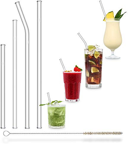 HALM Cannucce di vetro 4 Cannucce in vetro 23cm 20cm 15cm + Spazzola per pulizia - Trasparente - 3 pezzi dritti 1x curvato - Ideale per Cocktail, Frullato Cannuccia