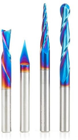 Amana Tool AMS-188-K 4 piezas CNC Solid Carbide Spektra Extreme Tool Life Coated Signmaking/Grabado CNC Router Bit Pack, 1/4 pulgadas vástago