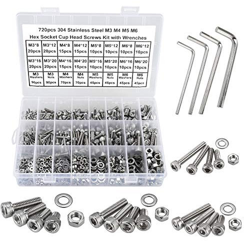 FandWay 720Pcs Bolts and Nuts Set,M3 M4 M5 M6 Hex Socket Cap Head Machine Screws,DIN912 Allen Screws,304 Stainless Steel Hex Bolts and Washers Set Fully Threaded With 4 Allen Key.