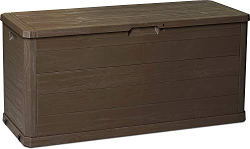dobar® 58607e Outdoor Gartentruhe 280 L | Auflagenbox Kunststoff | Truhebox im Holzdesign | Aufbewahrungsbox für Garten/Terrasse/Balkon | Aufbewahrungstruhe verschließbar | 117 x 45 x 56 cm | Braun