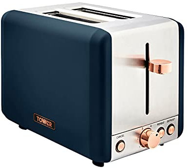 Tower T20036MNB Cavaletto 2-Slice Toaster with Defrost/Reheat, Stainless Steel, 850W, Midnight Blue and Rose Gold