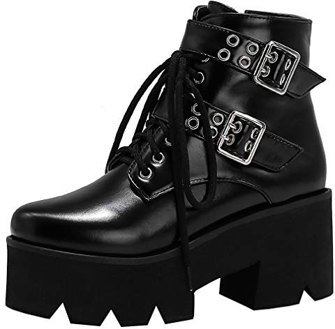 Parisuit Womens Goth Platform Ankle Boots Lace Up Block High Heel Booties with Buckle Punk Zip Up Biker Short Shoes-black pu size 10