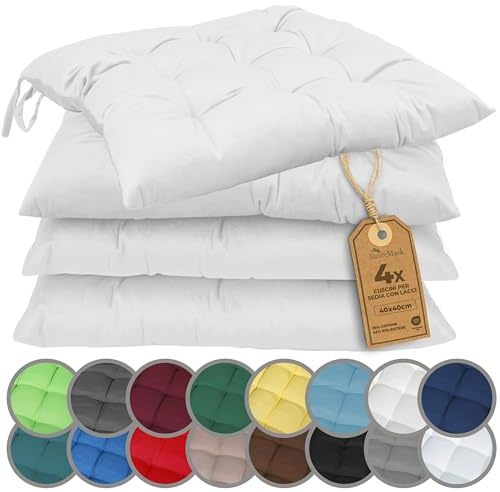 NatureMark Set 4 Cuscini per Sedie con Cordini 40x40 cm – Set di Cuscini Imbottiti per Cucina, Giardino e Interni – Colore Bianco