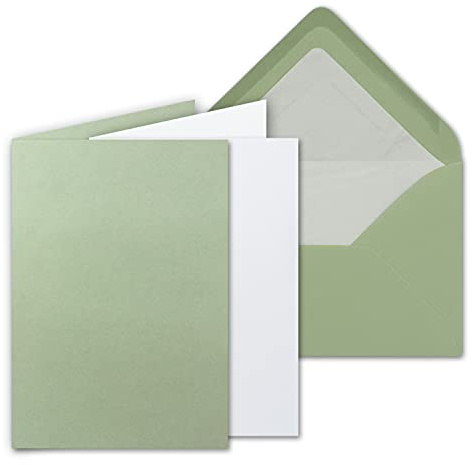 50 Sets - großes Kartenpaket, Eukalyptus (Grün), matt, mit 50 Faltkarten, passenden weißen Einlegeblättern & 50 gefütterten Umschlägen - DIN B6, 12 x 17 cm - 120 x 170 mm