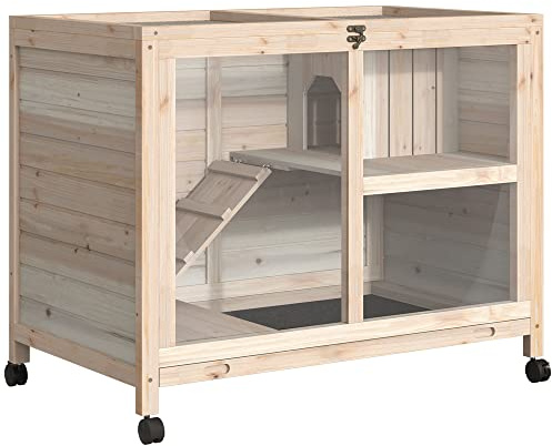 PawHut Conigliera in Legno a 2 Livelli con Casetta per Conigli e Porcellini d'India, Gabbia per Conigli con Rampa e Vassoio Estraibile, 91.5x53.3x73cm, Color Legno