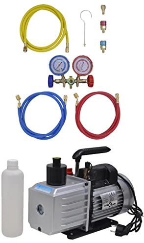 vidaXL Bomba de Vacío Set de Manómetros 2 Vías para Aire Acondicionado Aspiradora Paletas Rotativas Herramienta Neumática Refrigeración