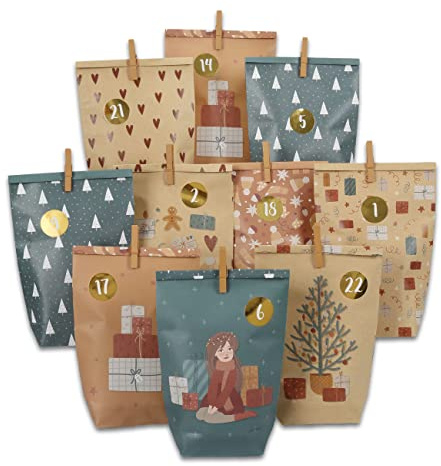 Papierdrachen Adventskalender 2025 zum Befüllen - 24 braune & petrolfarbene bedruckte Geschenktüten mit Zahlenaufklebern & Klammern - Weihnachten