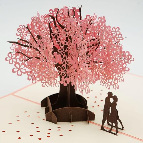 AIYONG 3D Karte, Rosa Kirschblüte Pop Up 3D Karte Grußkarte mit Umschlag, Hochzeitskarten, Valentinstag Karte für Hochzeitstag, Hochzeitsgeschenk, Valentinstagskarte, Valentinstag