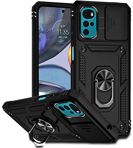 XINYEXIN Funda para Motorola Moto G22, Funda Cubierta de cámara Deslizante con Magnético Anillo Soporte, Militar PC + TPU Bumper Antigolpes Carcasa Rugged Caso - Negro