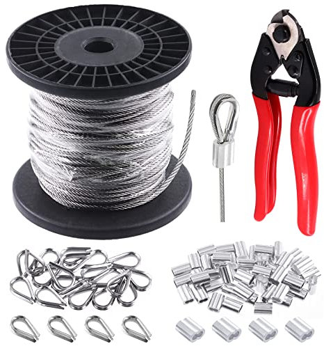 Glarks 72Pcs 1/8 150ft Stainless Steel Wire Cable Assortment Kit, Aircraft Cable with Cutter, 20Pcs M3 Wire Rope Thimbles, 50Pcs Aluminum Crimping Loop Sleeve Set for DIY Deck, Rail, Stair