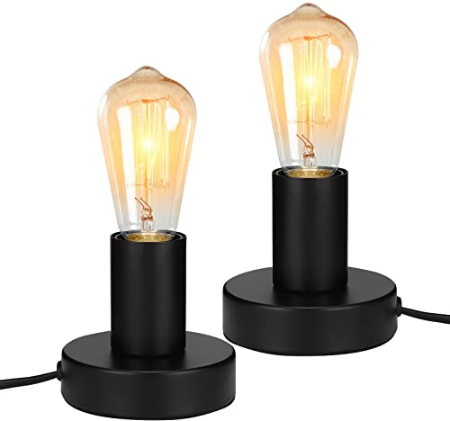 Eusamxon Tischlampe,Nachttischlampe,kleine lampe nachtischlampen 2-er set Dekorative Lampe industrial deko lampenfassung e27,Max. 40 Watt,Inklusive Kabelschalter(Schwarz)