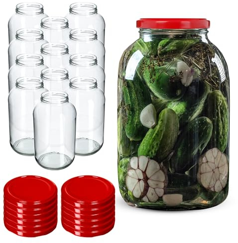 KADAX Set di 12 Barattoli in Vetro 4L con Coperchio a Vite fi100mm per Cetrioli, Kombucha, Kimchi | Vasi Conserva Apertura Larga per Fermentazione e Sottaceti (Rosso)