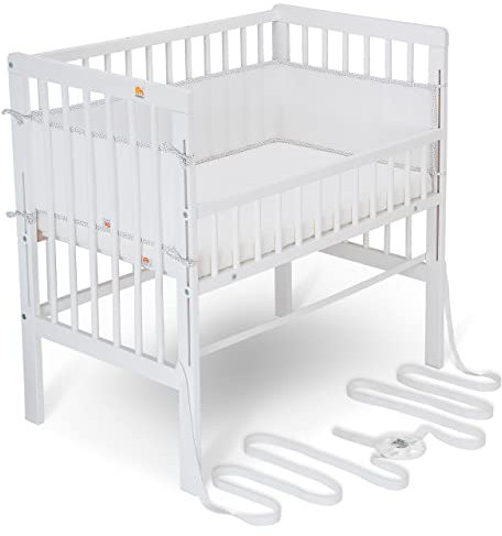 FabiMax Baby Beistellbett für Boxspringbett, TÜV geprüft 2022, inkl. Matratze und Nestchen aus Netzstoff, Buche massiv weiß, Air/weiß mit Punkteband