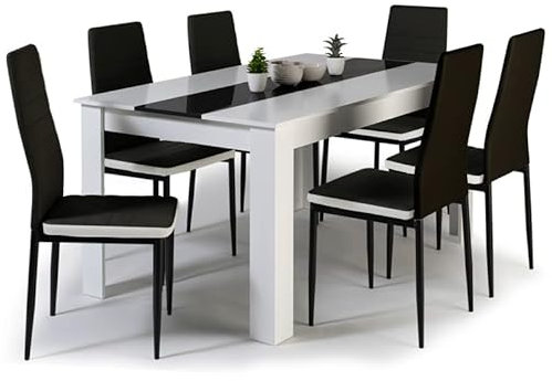 IDMarket - Esstisch-Set Georgia 140 cm schwarz-weiß und 6 schwarze römische Stühle mit weißem Rand