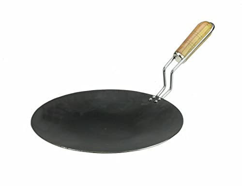 ESSENTIAL PRODUCTS Traditional Handmade - Indian/Pakistani Iron Tawa - Tava - Taaba | Indian Griddle Pan | Crepe & Pancake Pan with Wooden Wire Handle Heavy Duty TAWA TAVA SAJ