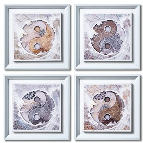 DekoArte - Quadri Moderni Soggiorno YING YANG MANDALA 30x30 cm x4 pezzi - Set di Quadri con Cornice Bianco