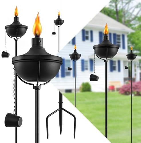 FAN-Torches Lot de 6 Torches de Jardin en métal pour décoration de Jardin, Torches à la citronnelle améliorées de 140,7 cm avec Piquet de Terre à 3 Broches, Lampes de Poche en métal pour fête, Patio,