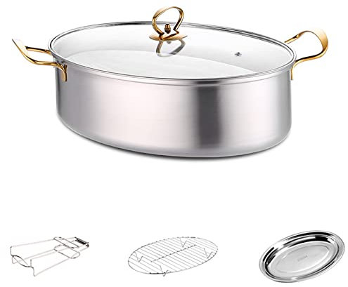 304 Edelstahl Oval Fischdampfer-Set Mit 8Qt Kochtopf, Sichtbar Glasdeckel, Pfanne Aus Edelstahl Und Chuck Für Dampfende Fische, Kochende Suppe (Silber)