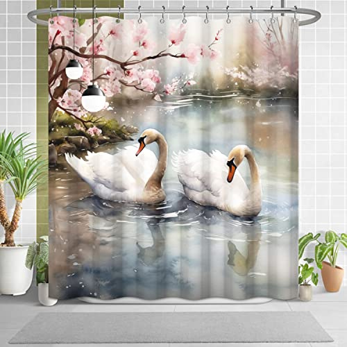 Uiiooazy White Swan Shower Curtain for Bathroom Pink Sakura Floral Trees Bathtub Room Partition Door Divider Decor Relax Love Swans Water Lake River Waterproof Fabric Shower Curtains 72x72 Inches