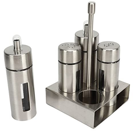 BEIJIALY Menage Set mit Ständer, Caddy Organizer Aufbewahrungsständer Öl Salz Menage Set 304 Edelstahl Essigflasche Pfefferstreuer mit Standfuß für Küche Restaurant