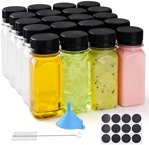 12 pcs 2oz Small Plastic Juice Bottles with Lids，Reusable Leak proof Ginger Shots Bottle with Black caps, Wellness Mini Jars Plastic Containers for Smoothie, Water, Milk and Other Beverages