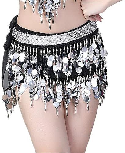 QUNINE Bauchtanzgürtel für Damen, Hüfttuch, Frauen, Pailletten, Bund, Perlen, Fransen, Bauchtanzgürtel, Münzen, Hüfttuch (Silber, Einheitsgröße)