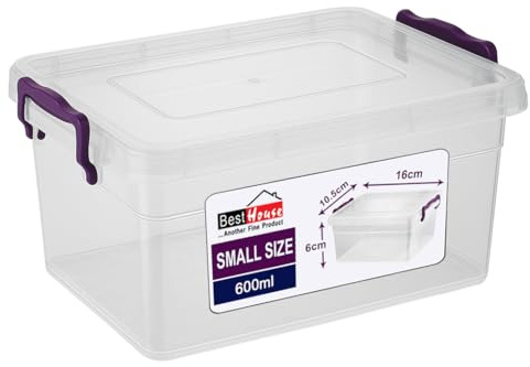 Best House Small Plastic Storage Box with Lids - Pack of 1, Heavy Duty, Stackable Clear Storage Containers Boxes Use for Home, office, Kitchen, Toys and Goods (600 ml)