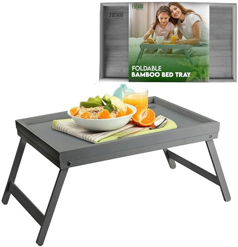 Fusion Food Bamboo Bed Tray Table With Foldable Legs & High Edges Multipurpose Lap Desk Free Standing Wooden Desk For Breakfast In Bed Sofa Snack Trays Strong Durable Laptop Stand Easy to Clean