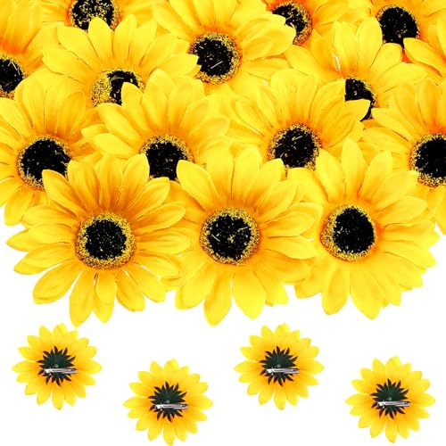 Hoteam Clip on Fake Sunflowers, Artificial Sunflower Heads with Clips, Faux Silk Sunflower, Yellow Flowers Head for Christmas Tree Wedding Bouquets DIY Craft Decor(3.7 in, 50 Pieces)