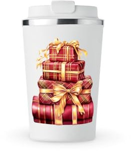 MAXIKIWI - Taza de acero inoxidable aislada de doble pared, a prueba de fugas, vaso de viaje para café o té con tapa, mantiene las bebidas calientes y frías, diseño vintage de Navidad color borgoña