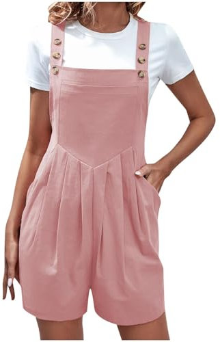 EMATOP Damen Elegant Kurz Playsuit Sommer Ärmellos Jumpsuit Einfarbig Baumwolle Einteiler Overalls Lässig Baggy Latzhose Hohe Taille Mode Trägerhose mit Taschen Arbeitshose Teenager Mädchen