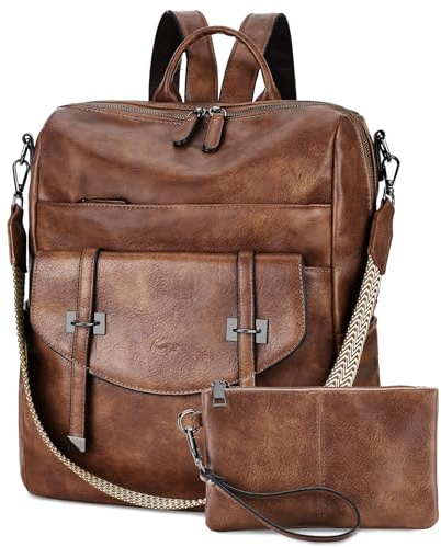 Kasgo Damen Rucksack PU Leder Modischer Freizeit Schulrucksack für Frauen Elegant Daypack Rucksäcke wandelbar Umhängetasche Vintage Reiserucksack Braun