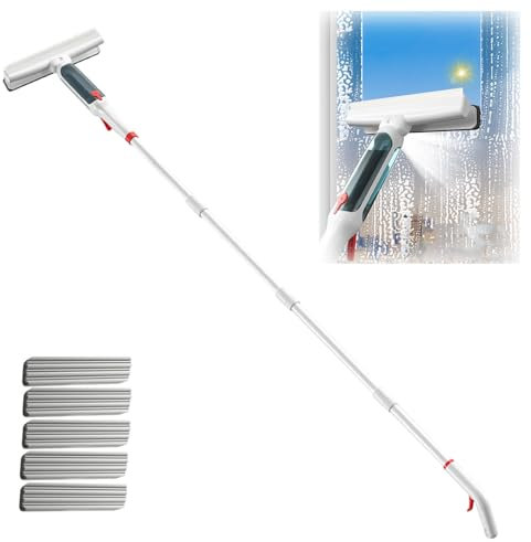 RYJYQYX Spruzzo 4 in 1 Pulisci Vetri con Asta di Prolunga(190cm), Pulisci Vetri Telescopico con Raccoglitore Acque Nere E 5 Panni Lavavetri Professionale per Cabina Doccia con Finestrino