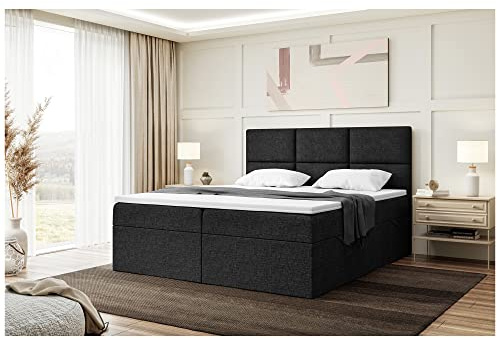 MEBLINI Boxspringbett mit Bettkasten - 200x200 - Gepolstert Doppelbett mit Matratze und Topper - Polsterbett mit Stauraum - Bett ohne Kopfteil - Stauraumbett - KYLIAN - H4/Schwarz Webstoff