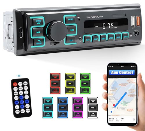 CAMECHO 1Din Autoradio Bluetooth 5.1, Auto Stereo mit Bluetooth Freisprecheinrichtung, 7 Farben 1 Din FM Radio mit Sprachassistent USB AUX/TF + APP lokalisieren und Finden das Auto