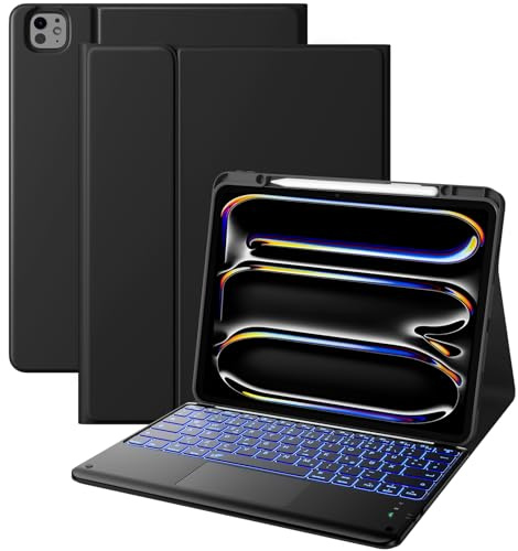 Vobafe Hülle mit Tastatur für iPad Pro 13 Zoll M5/M4 (2025/2024), Multi-Touch Trackpad Hochwertige PU Schutzhülle mit Stifthalter, QWERTZ-Layout iPad Pro 13 Tastatur, 7 Farben Beleuchtung, Schwarz