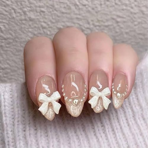 SJUIEO 24 Stück Damen Schleife 3D Nägel Weiß Französisches Design Passend für Damen Mandel Kurz Drücken Gel Künstliche Falsche Nägel Kurz Stil Mädchen Dekoration